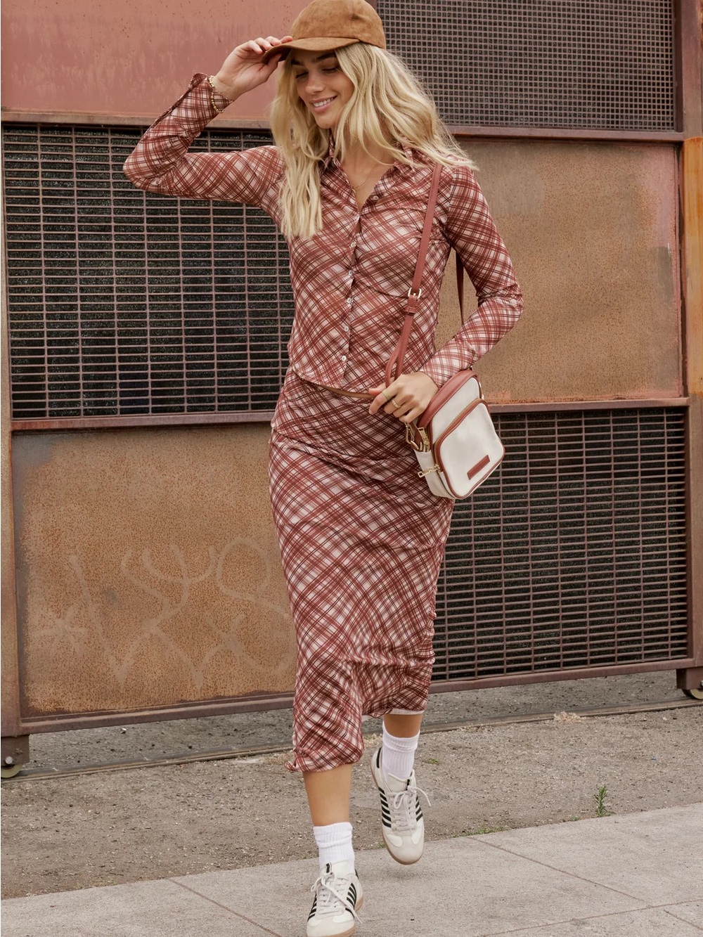 bohme Rust Plaid Button-Down Long Sleeve top and skirt